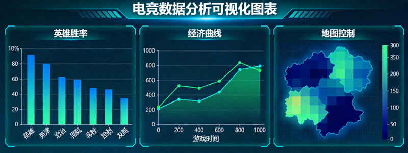 电竞数据分析可视化图表 - 英雄胜率、经济曲线与地图控制